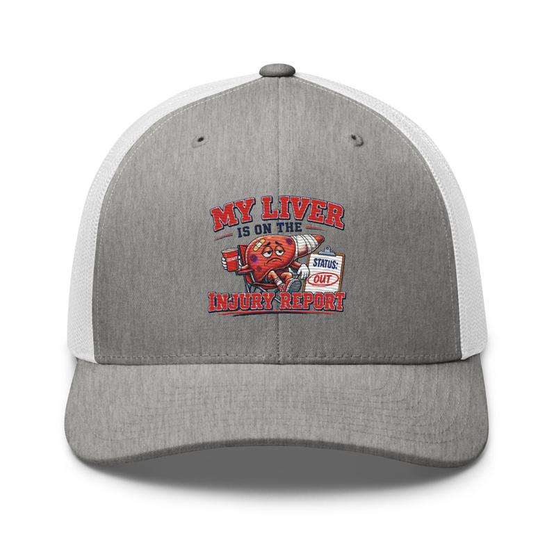'My Liver is on the Injury Report' Trucker Cap – One size, Heather Grey/White