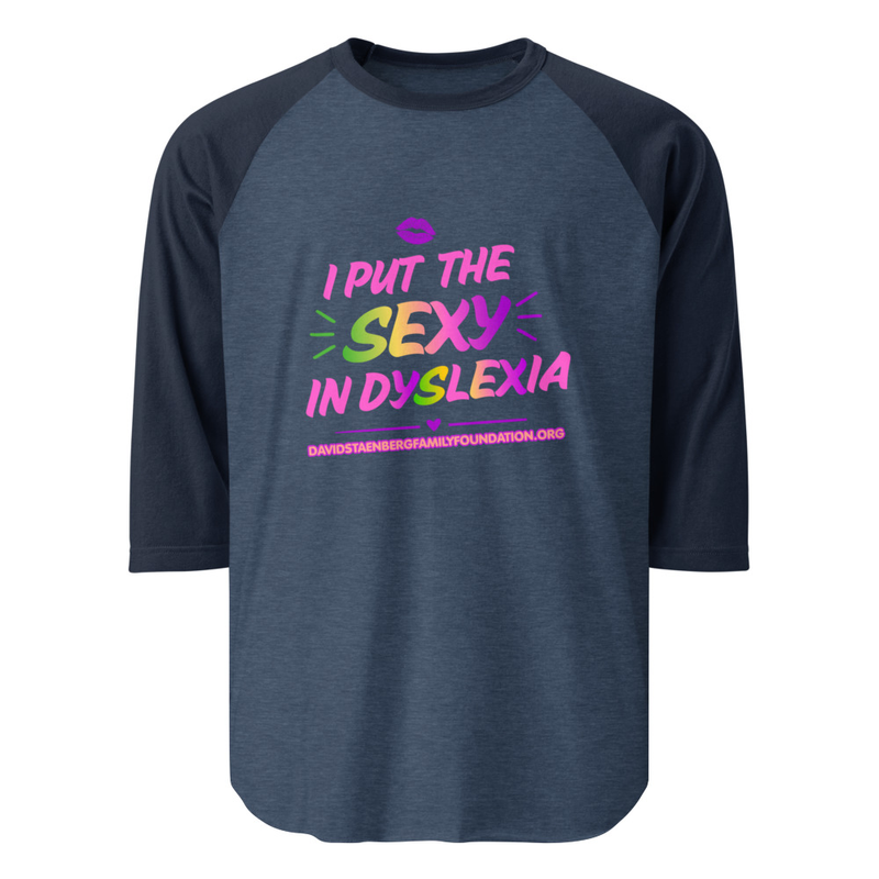 3/4 sleeve raglan shirt | Dyslexia v1 – XS, Heather Denim/Navy