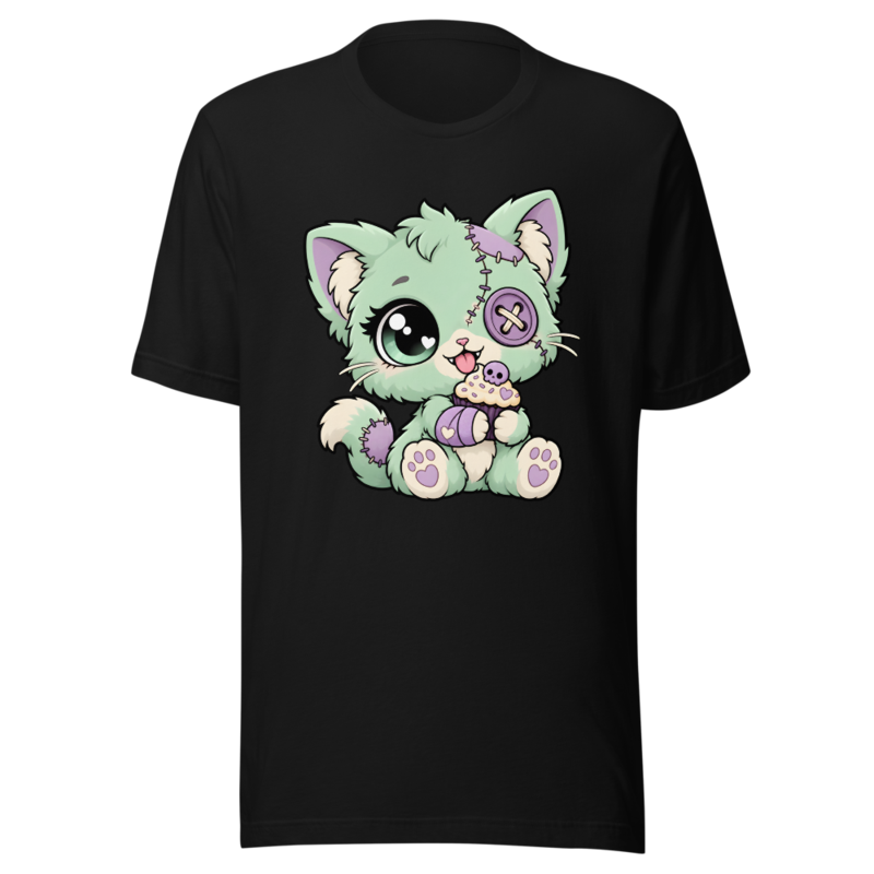 Mint Zombie Kitten with Cupcake on a black tee