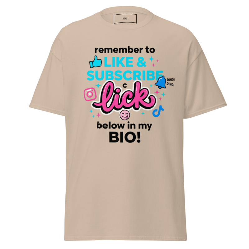 Like Subscribe Lick Bio Shirt | Funny Typo Tee | Content Creator Gift – XL, Sand