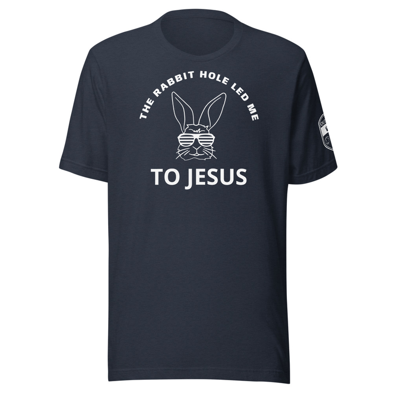THE RABBIT HOLE LED ME TO JESUS Tee – L, Heather Navy