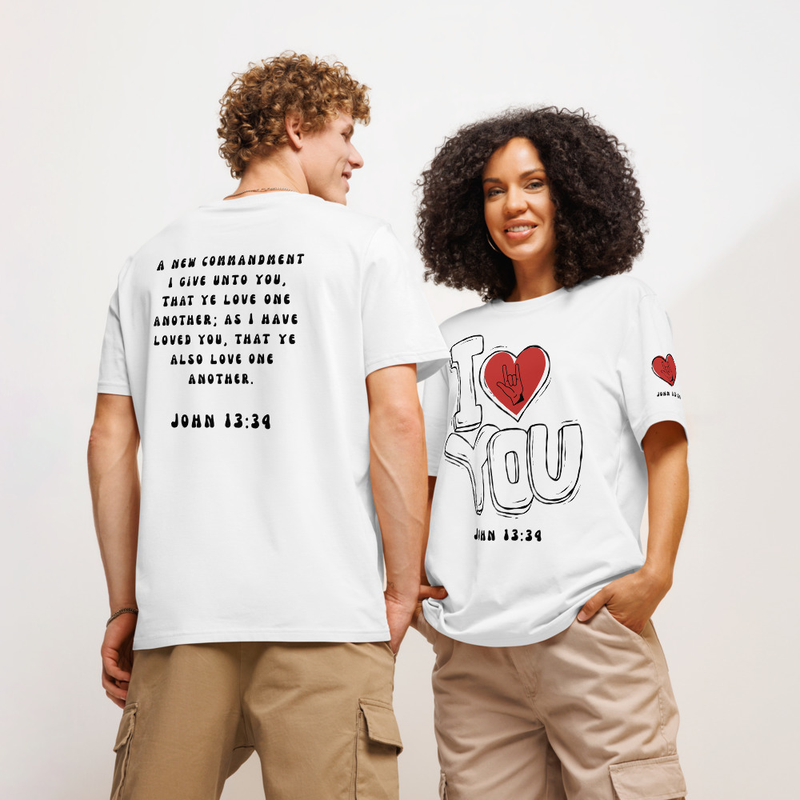I Love you Unisex organic ribbed neck t-shirt – S, White