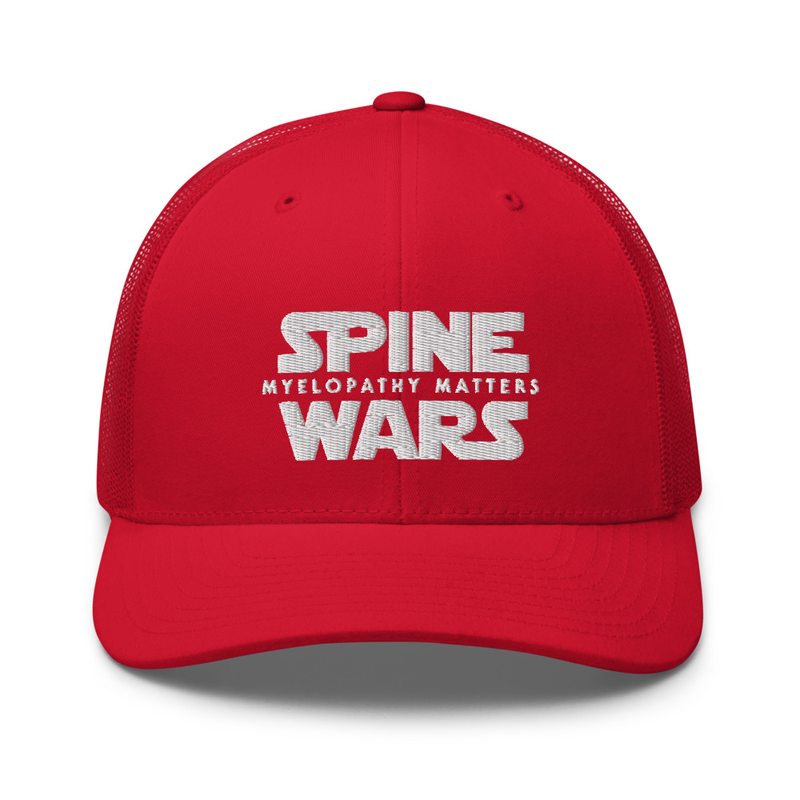 Spine Wars White Embroidery Trucker Cap – One size, Red