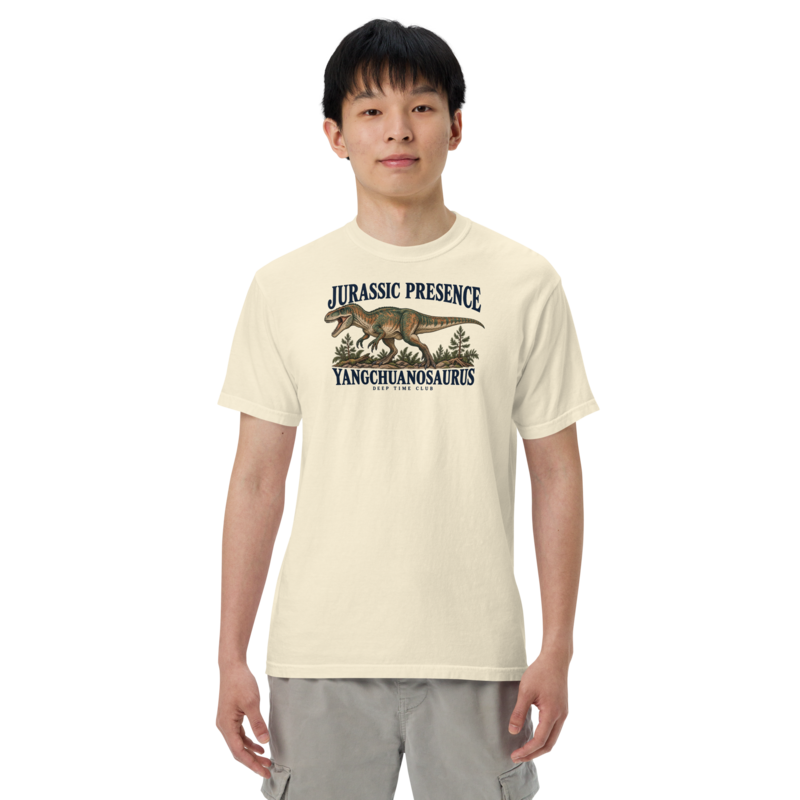 Jurassic Presence Yangchuanosaurus Tee supplier-rendered on-body front view in Ivory