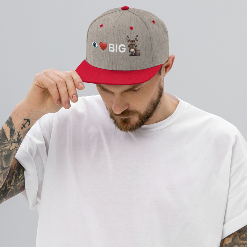 I Love Big A**| Funny Snapback Cap | Embroidered Gift – One size, Heather Grey/ Red
