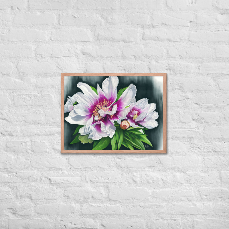 Peony Envy Framed Print – 18″×24″, Red Oak