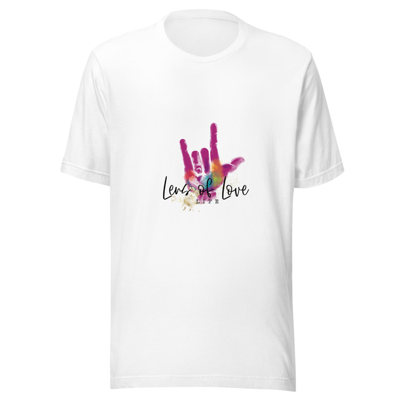 White Lens of Love tee with the simpler magenta-hand logo on the front