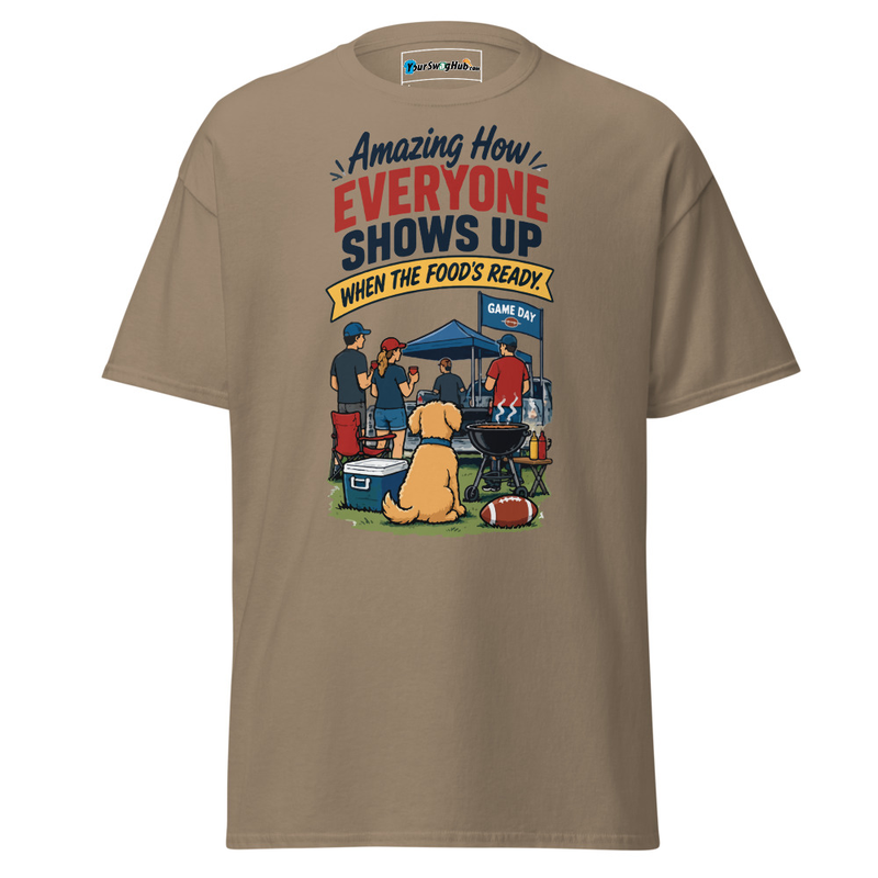 Swag | 'Everyone Shows Up When the Food's Ready' Classic Tee – M, Brown Savana