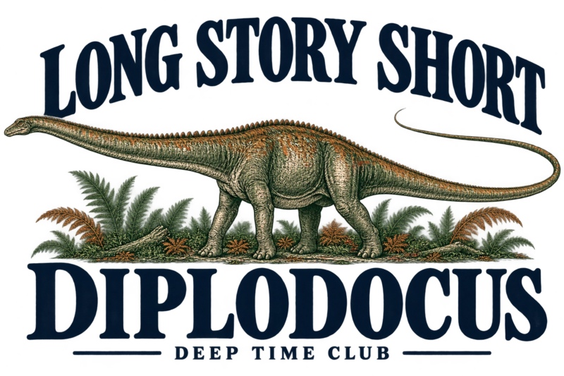 Close view of the original Long Story Short Diplodocus Tee graphic