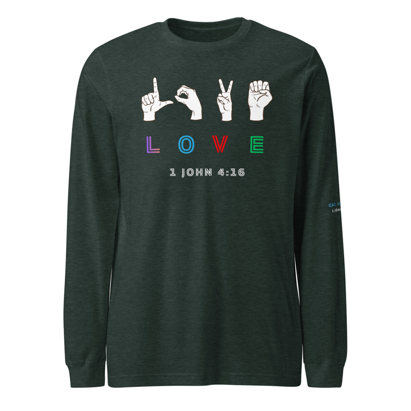 LOVE Unisex Long Sleeve Tee – XS, Heather Forest