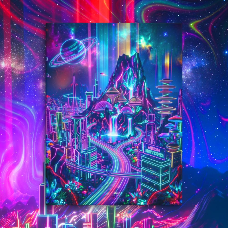 Space Rock Neon Falls City Canvas - Space Rock Neon Falls City Canvas / 24″×32″