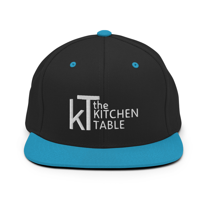 Kitchen Table White Logo Snapback Hat – One size, Black/ Teal