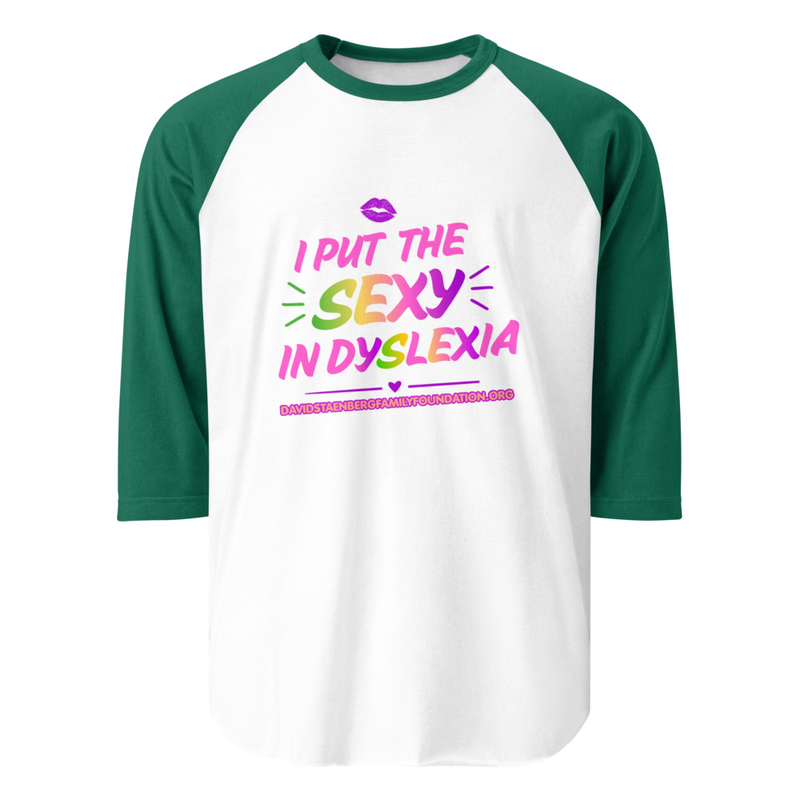 3/4 sleeve raglan shirt | Dyslexia v1 – S, White/Kelly