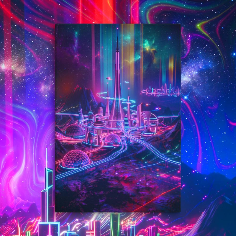 Space Rock Retro Neon City Canvas - Space Rock Retro Neon City Canvas / 32″×48″