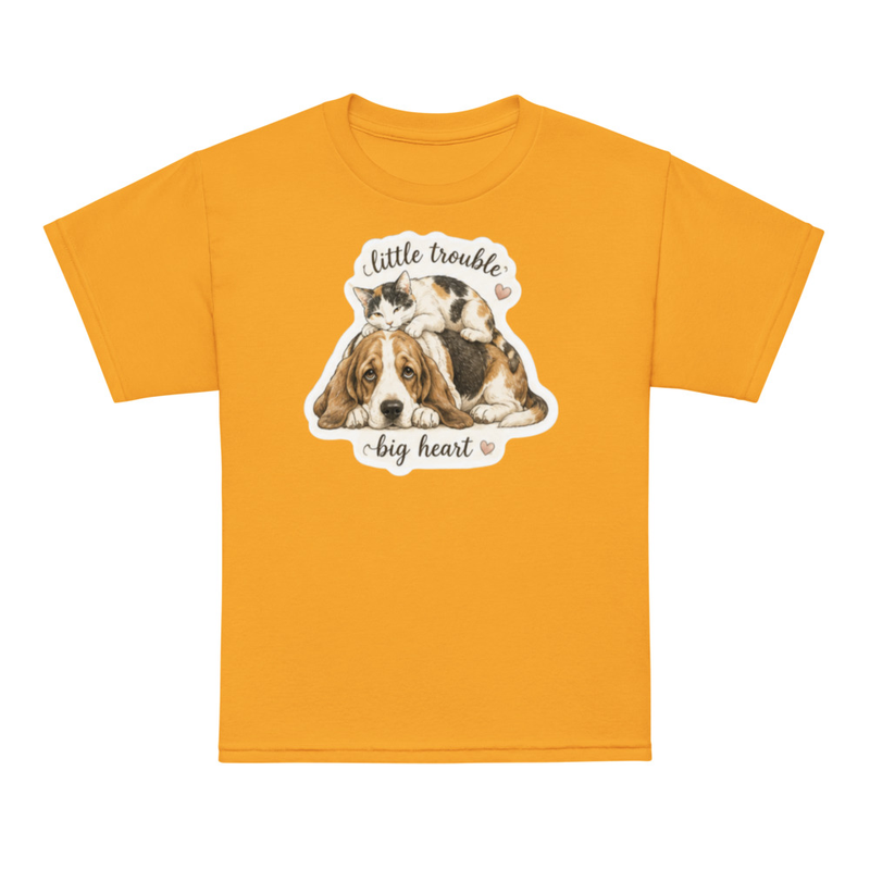 Youth t-shirt-Beau & Emma Little Trouble, Big Heart – XS, Gold