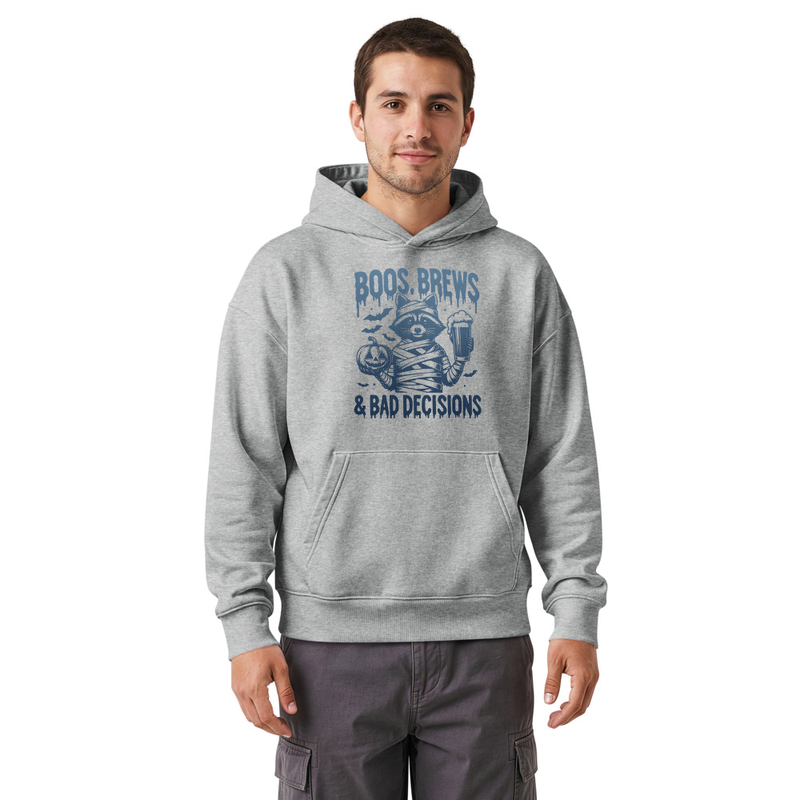 Funny Halloween Raccoon Unisex hooded sweatshirt Design, Boos Brews and Bad Decisions Mummy Graphic