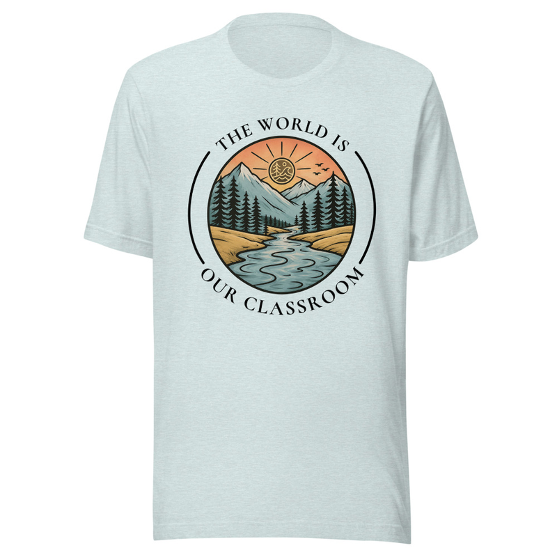 The World Is Our Classroom Tee – S, Heather Prism Ice Blue