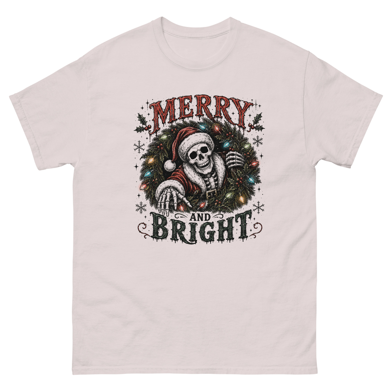 Merry and Bright Skeleton Santa Shirt, Spooky Christmas Shirt – 3XL, Ice Grey