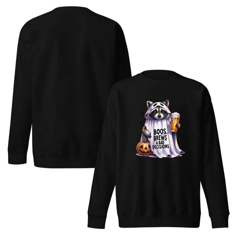 Funny Halloween Raccoon Unisex Premium Sweatshirt Design, Boos Brews and Bad Decisions Ghost Costume Graphic – view 2