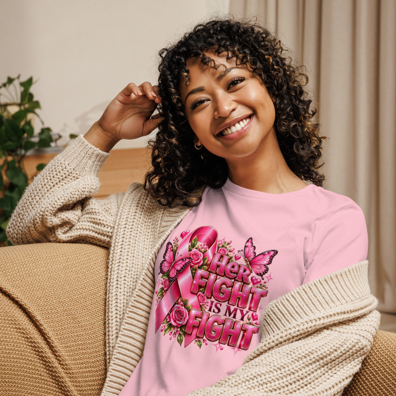 Breast Cancer Awareness T-Shirt, Pink Ribbon “Her Fight Is My Fight” Floral Butterfly Design