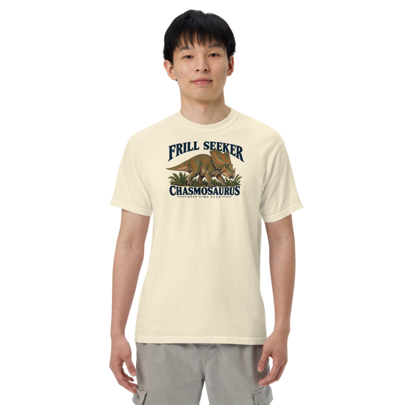 Frill Seeker Chasmosaurus Tee supplier-rendered on-body front view in Ivory