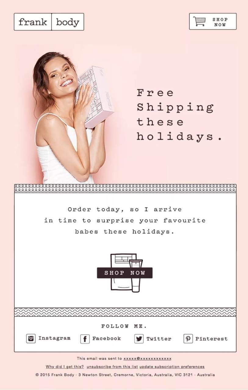 A joyful woman in a white tank top holds a gift box against a pink background. Text reads "Free Shipping these holidays".