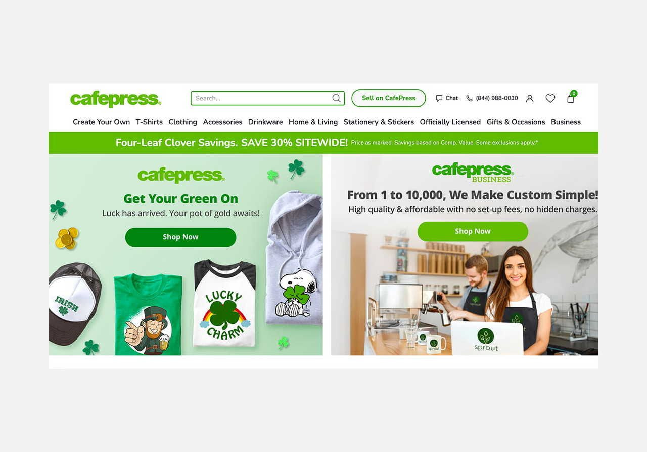 A screenshot mockup of CafePress’s homepage hero section as an example of a Zazzle alternative.