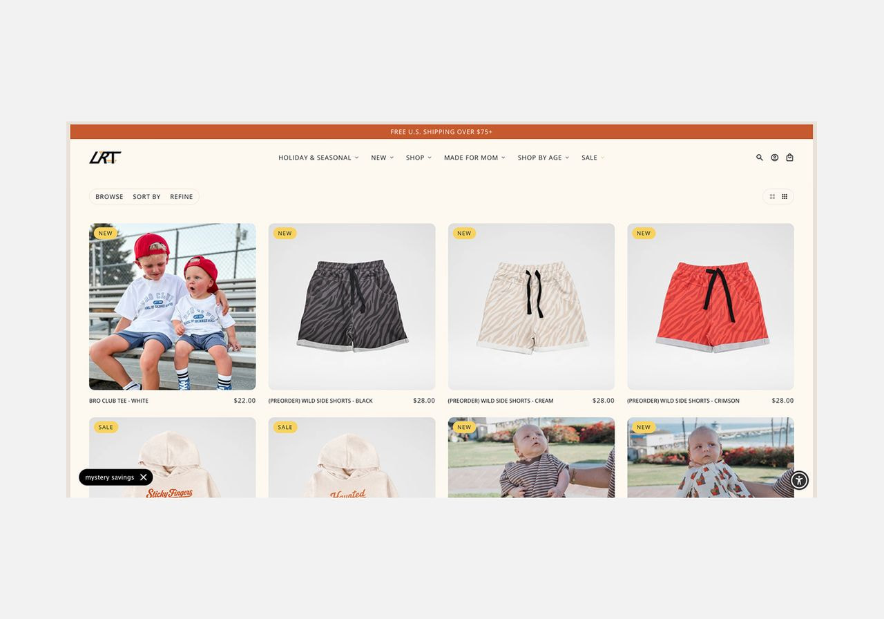 Screenshot of an online kids' clothing store product grid showing shorts and t-shirts.