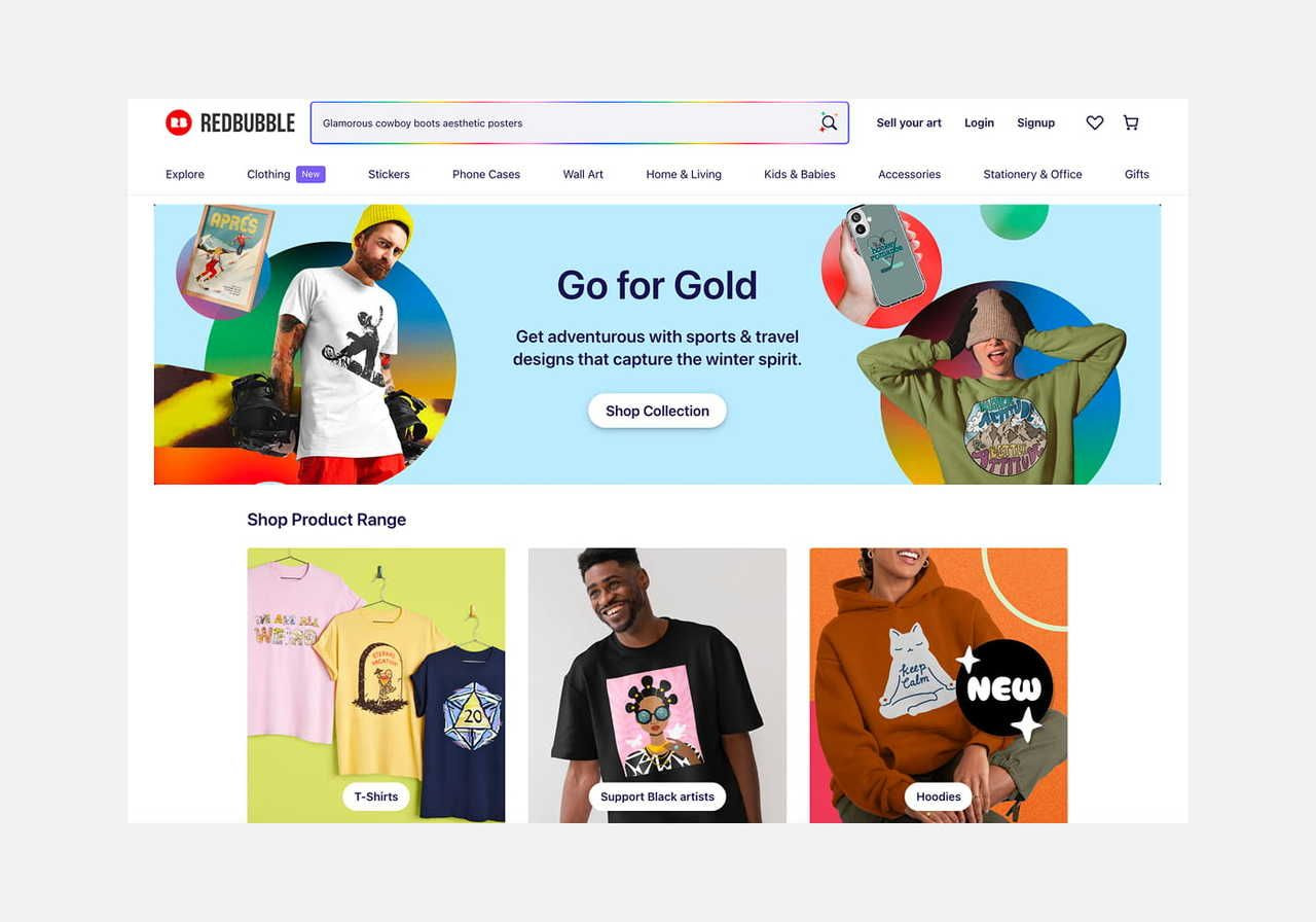 A screenshot mockup of Redbubble’s homepage hero section as an example of a Zazzle alternative.