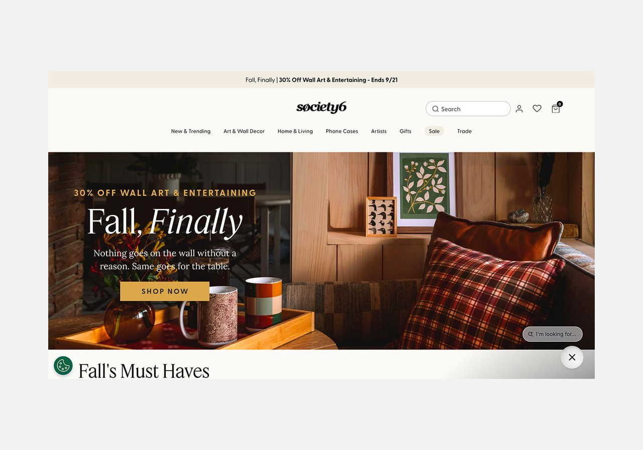 society6 homepage hero section screenshot mockup.