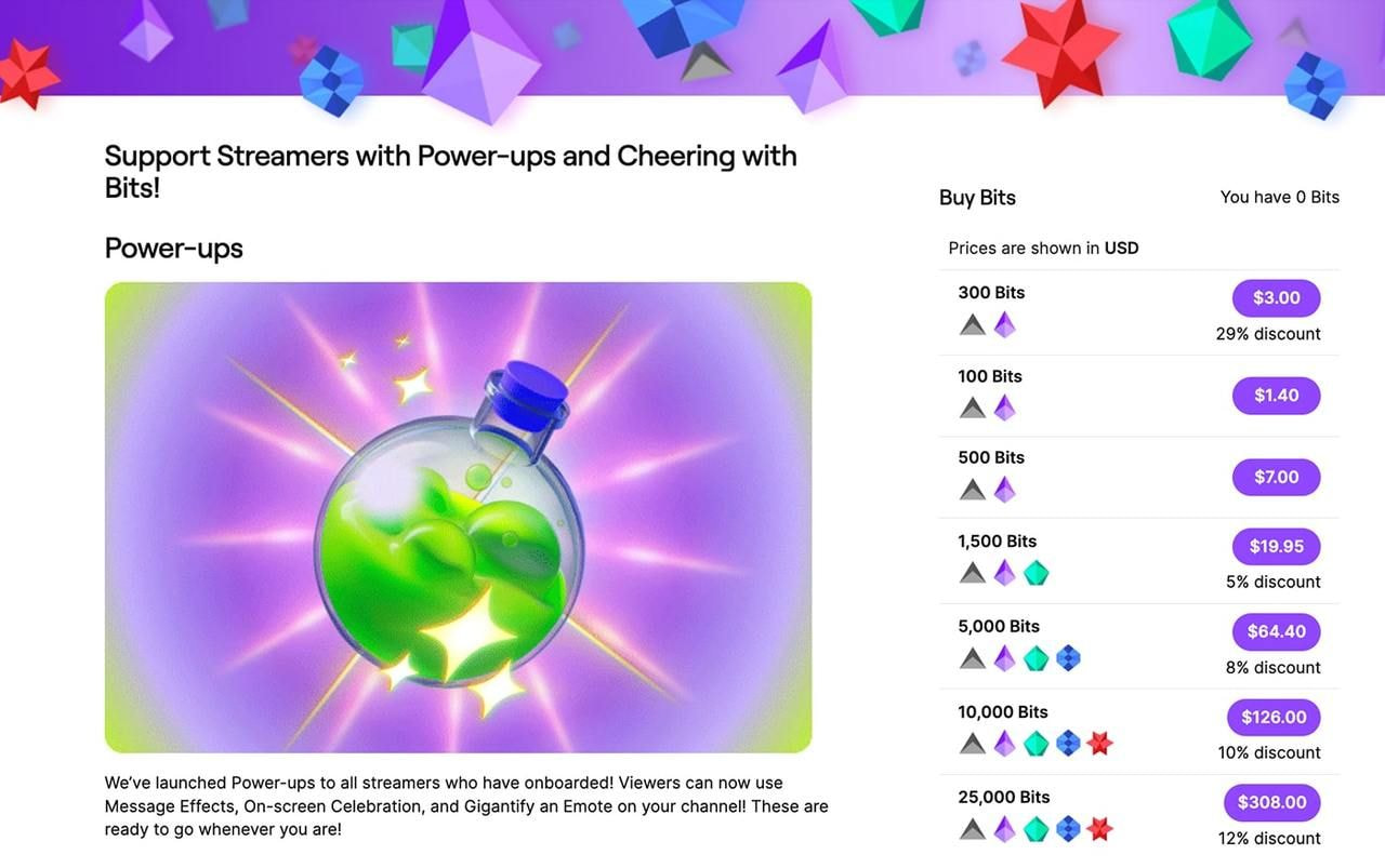 A screenshot showing the “Power Ups” feature on Twitch.