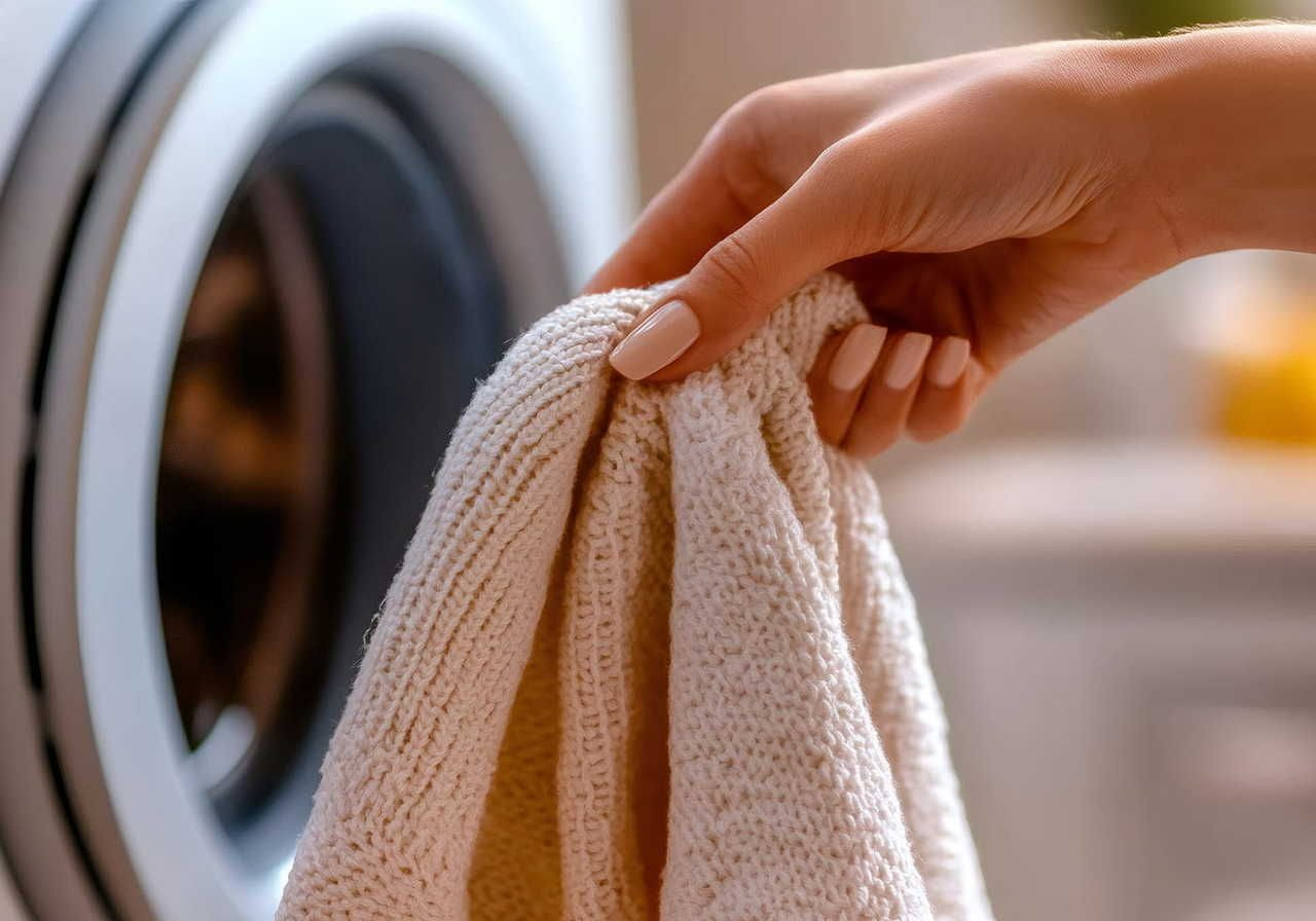 Close-up of a hand holding a knitted cream-colored sweater near a washing machine.
