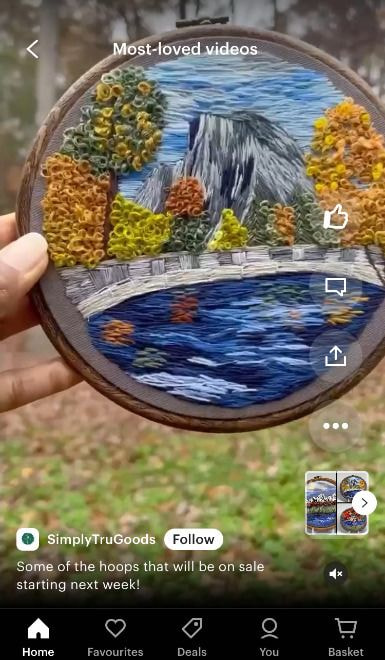 screenshot of an Etsy explore video feed of an embroidery art product