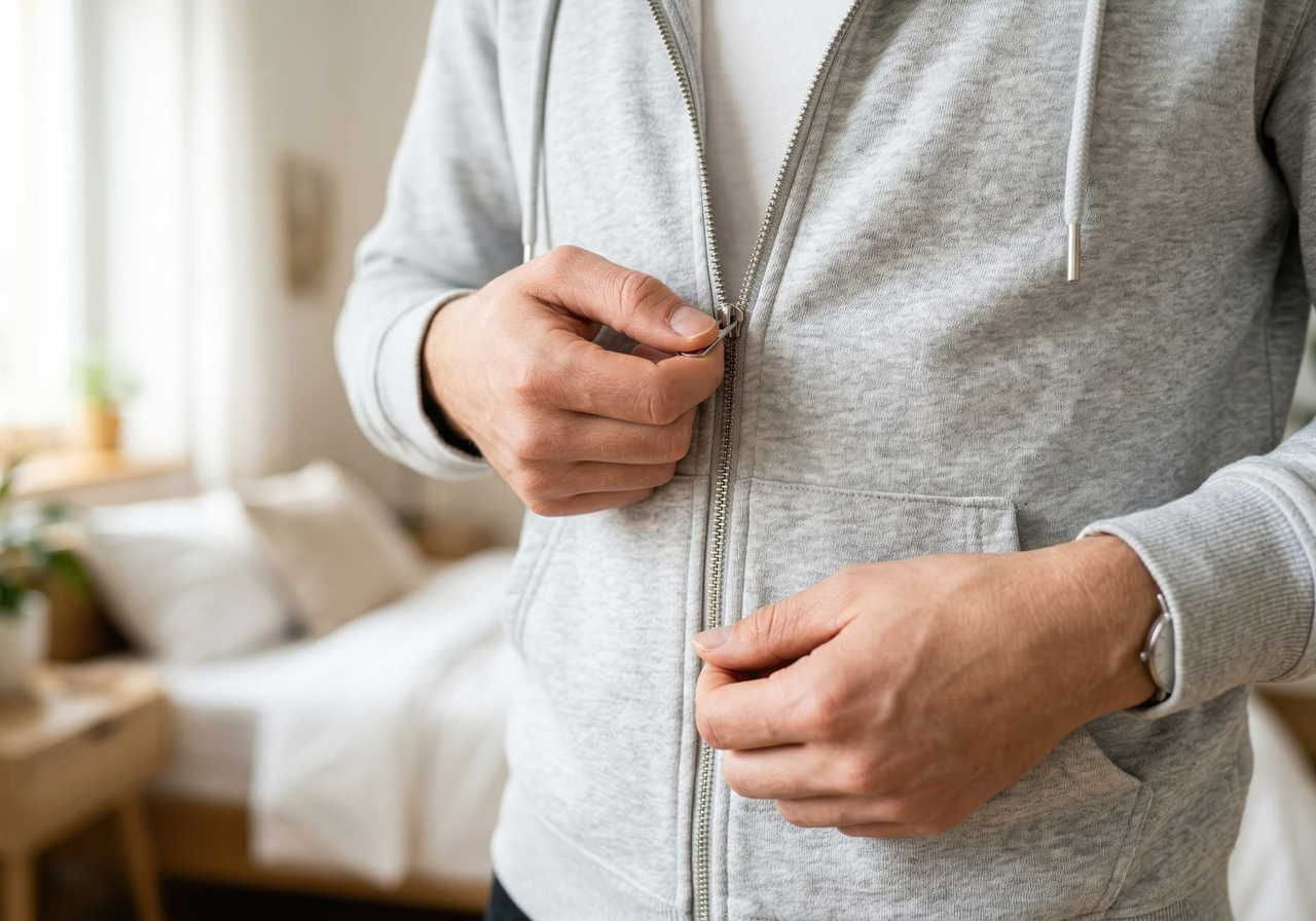 A man in a grey hoodie is zipping it up in a bedroom with a made bed and soft natural light from a window.