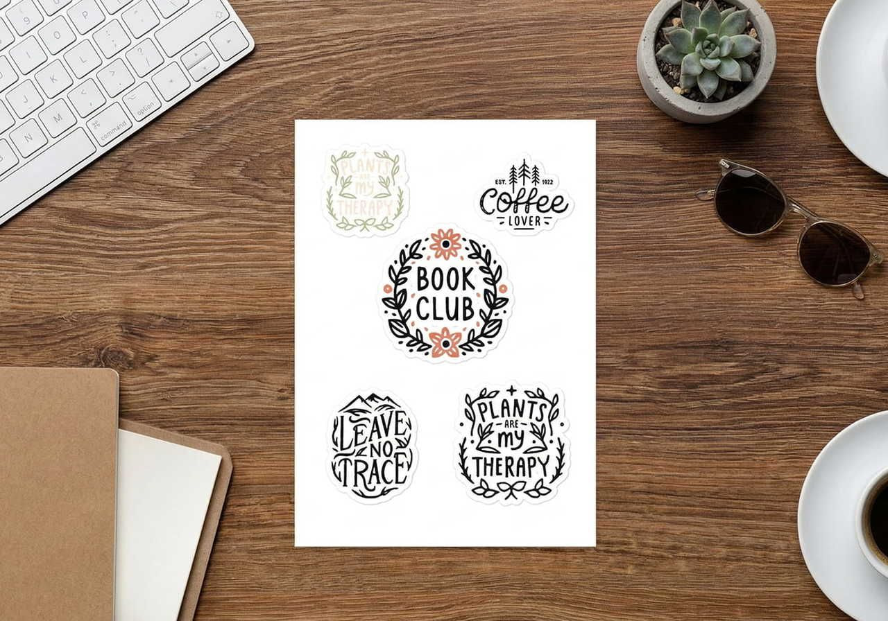 A wooden desk featuring a sheet of paper with five artistic stickers; themes include plants, coffee, and reading.