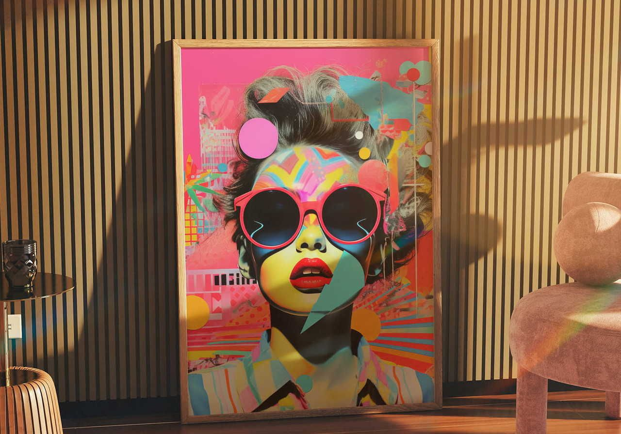 A pop-art styled poster in a wooden frame standing on the floor, surrounded by small furniture pieces.