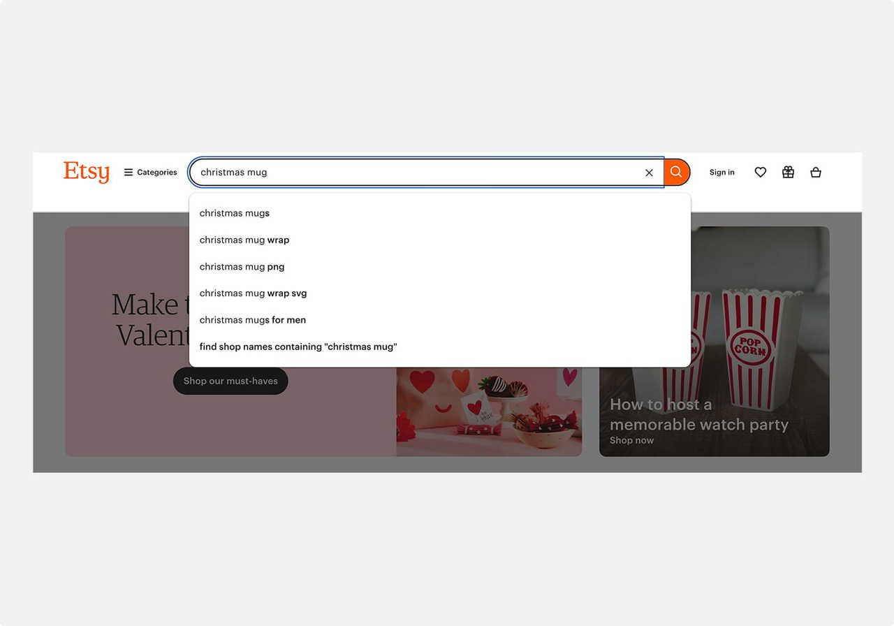 A screenshot mockup of the Etsy search bar.