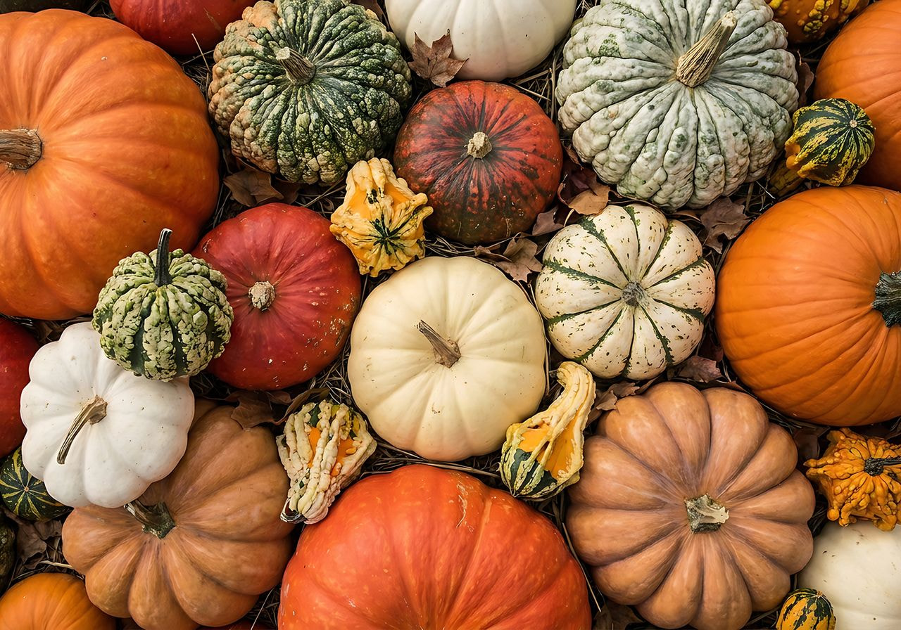 A colorful assortment of orange, white, red, and green pumpkins and gourds piled together, seen from above.