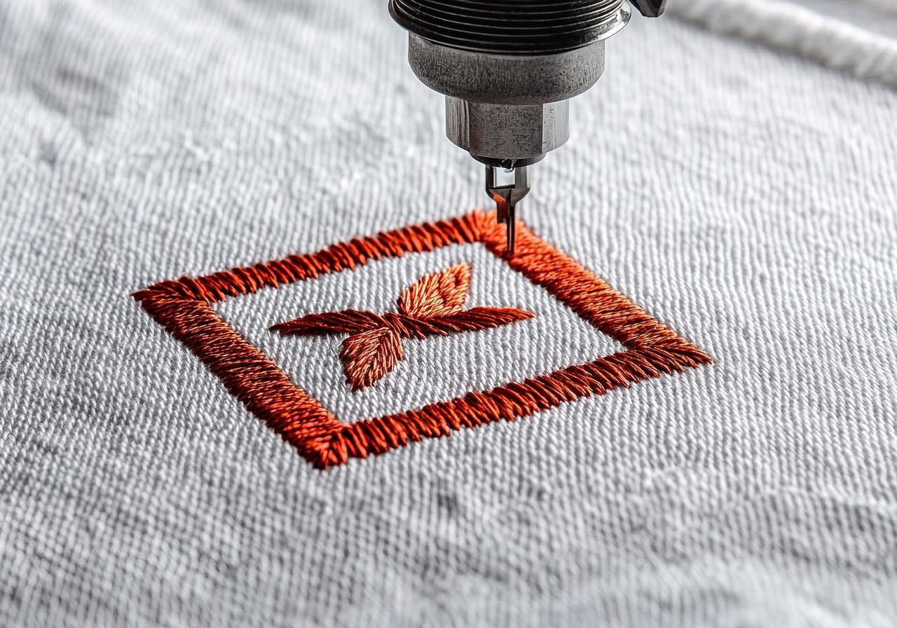 Close-up of a sewing machine embroidering an orange butterfly inside a rectangle on white fabric.