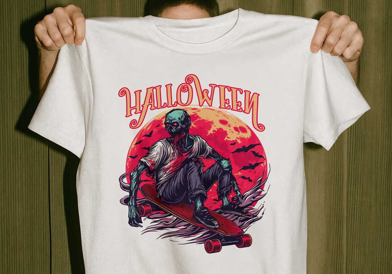 White t-shirt with a vibrant design of a zombie skateboarding in front of a red moon. "Halloween" is written above.