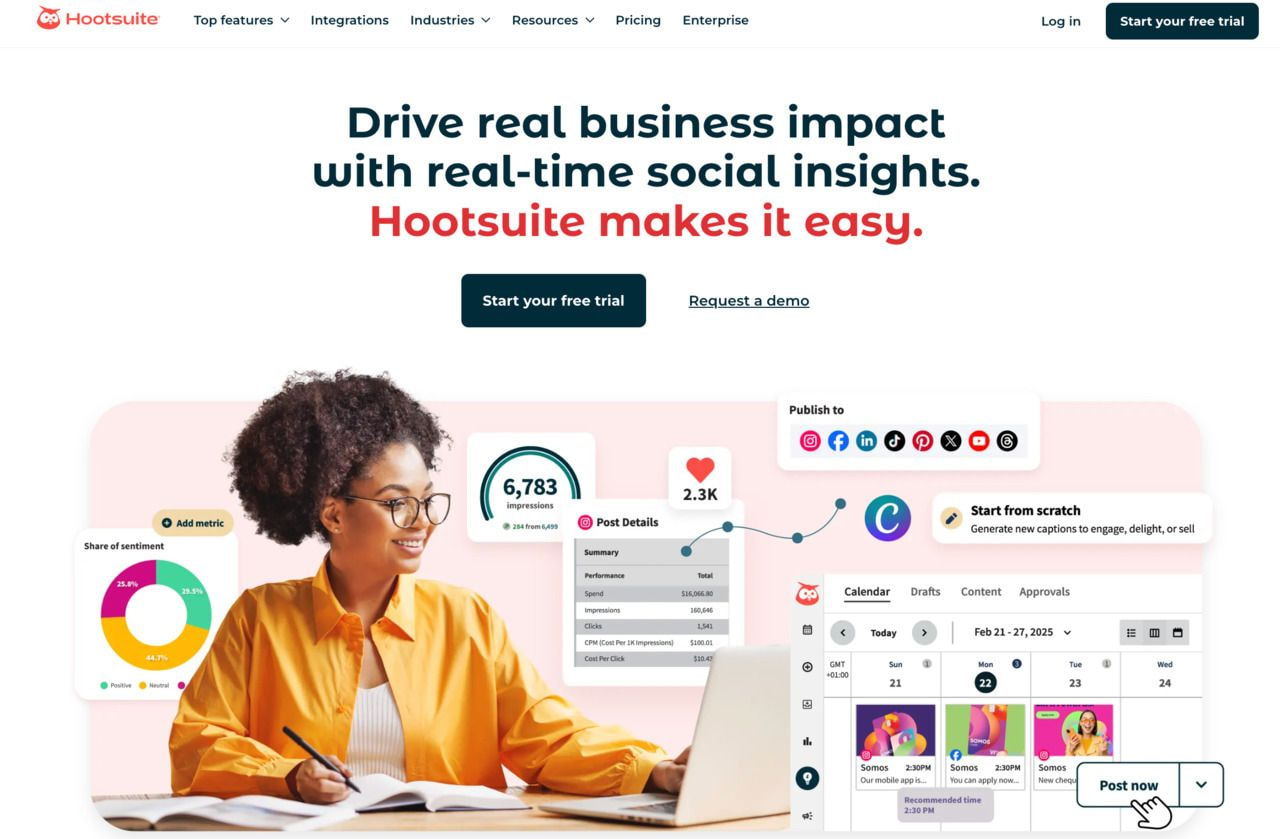 A screenshot of a Hootsuite landing page.