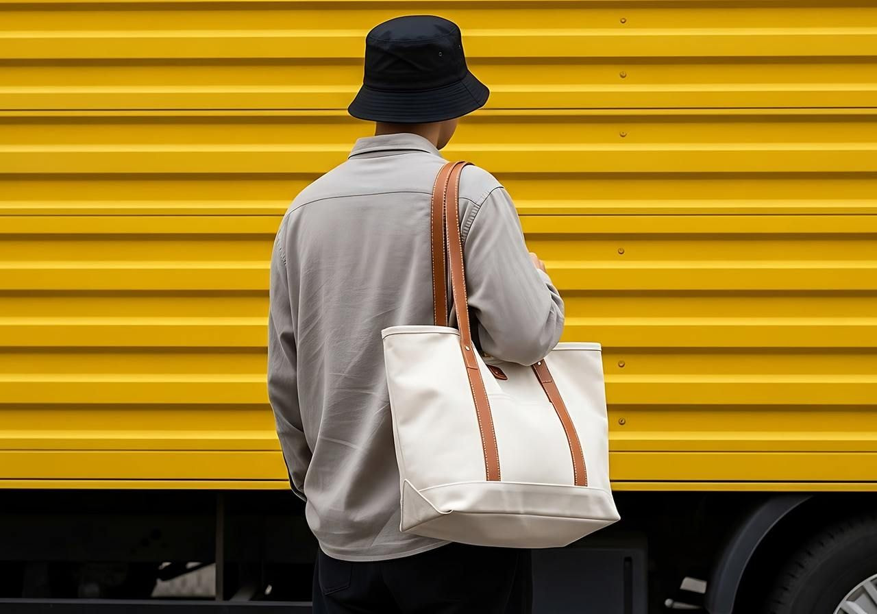 A backshot of a man in a black bucket hat standing in front of a yellow truck.