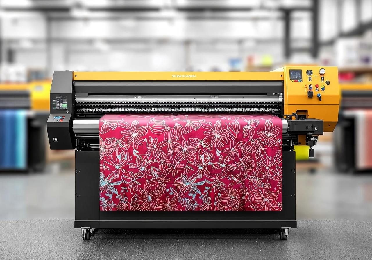 A large format printer displaying vibrant pink and red fabric rolls ready for printing.
