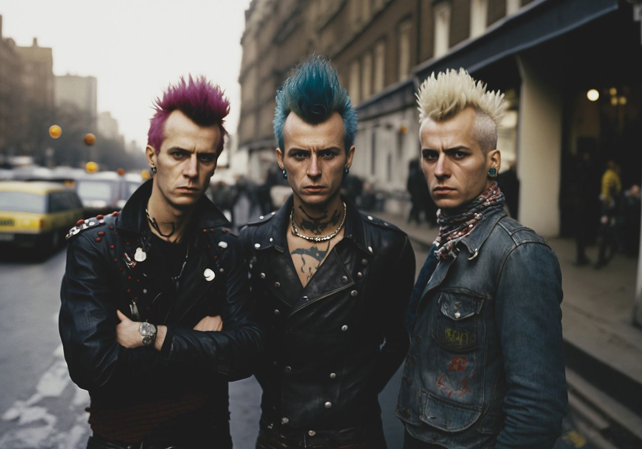 Three men with colorful mohawks (pink, blue, blonde) and leather jackets stand confidently in an urban street, exuding a punk style and attitude.