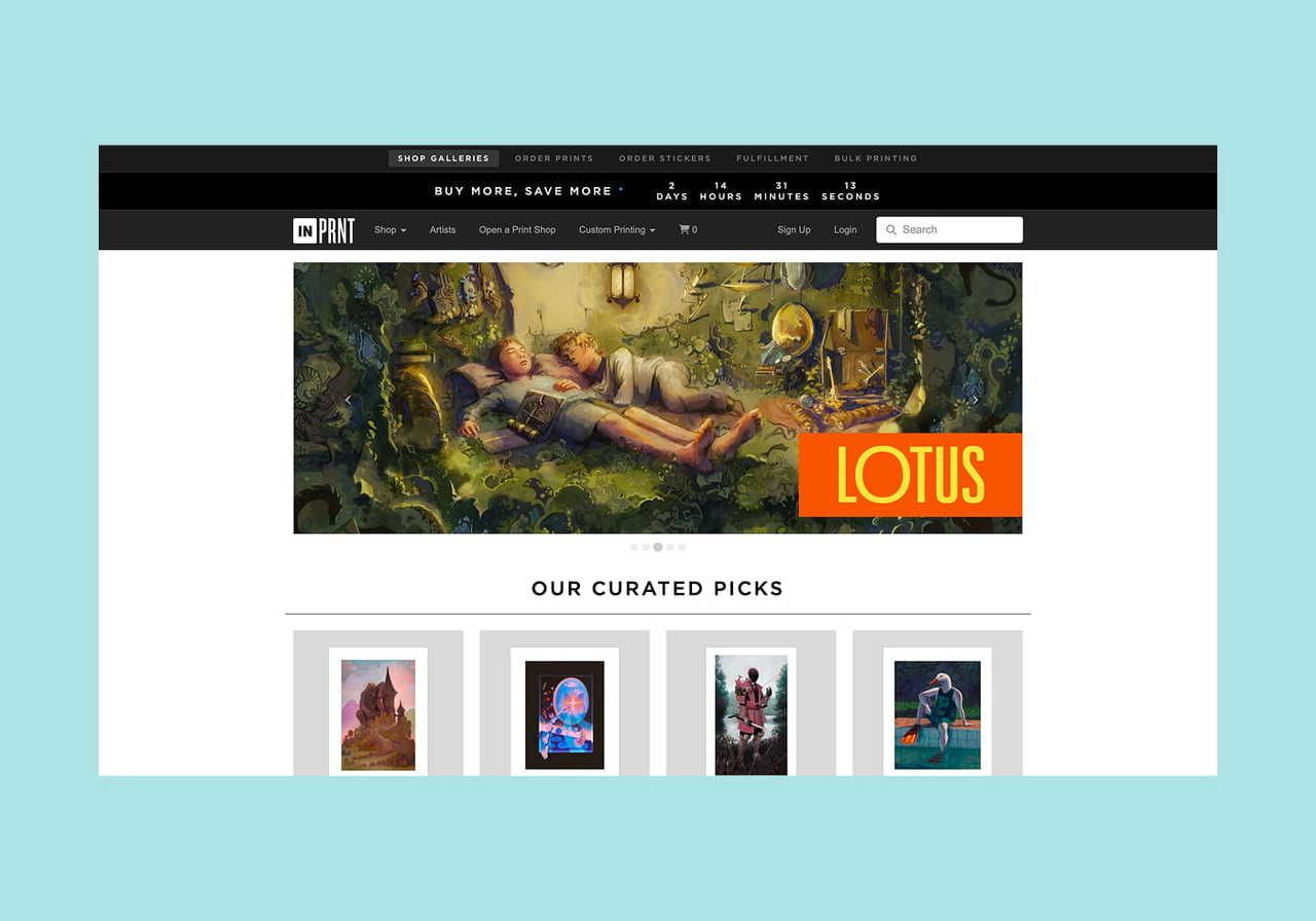INPRNT homepage hero section screenshot mockup.