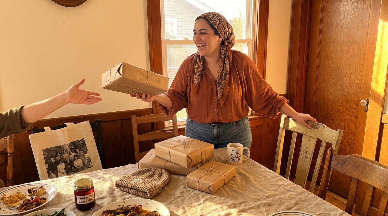 A Middle Eastern woman in a patterned headscarf laughs while holding a wrapped gift at a crowded Friendsgiving table piled with presents, lit by warm golden-hour light.