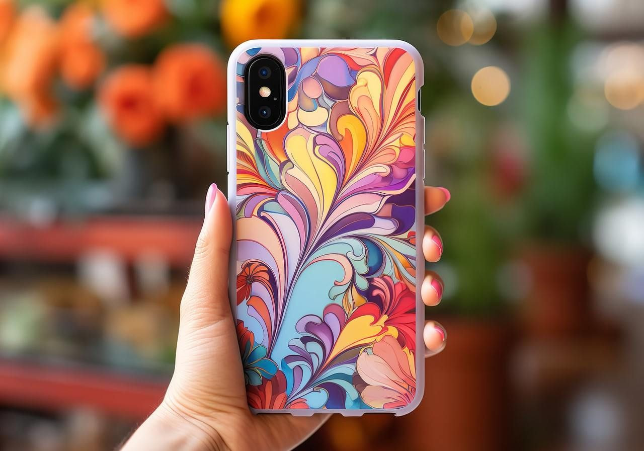 A person is holding a mobile phone in a bright floral case.