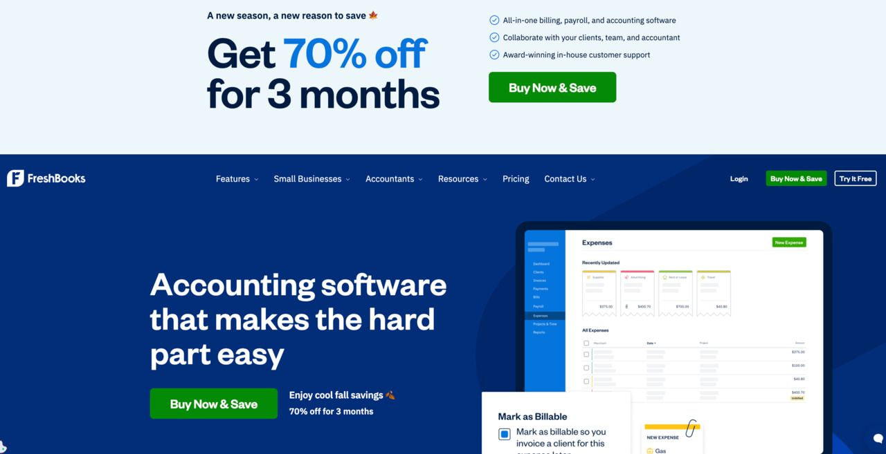 A screenshot of a FreshBooks landing page.