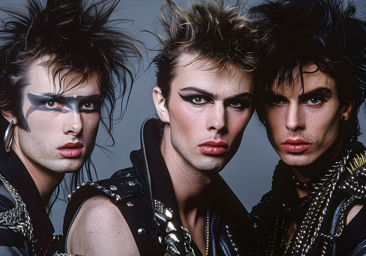 Three people with dramatic makeup and spiked hairstyles wear studded leather outfits, evoking a punk rock style.