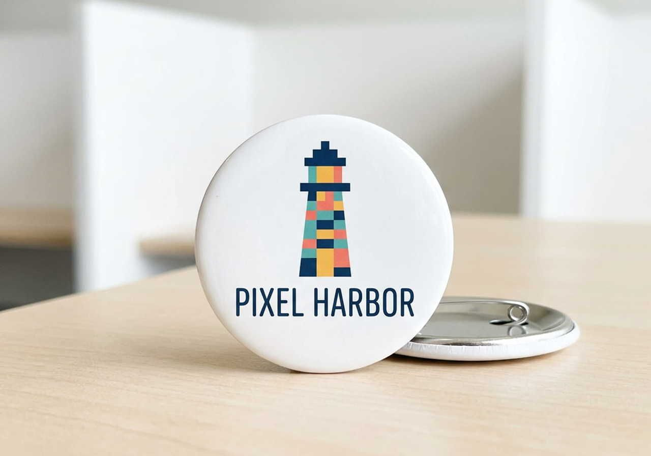 White button badge with a colorful pixelated lighthouse design and text "Pixel Harbor," placed on a light wood surface, with a second badge near.